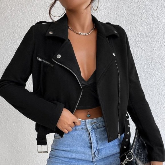 zip up crop moto jacket biker black - Picture 1 of 6